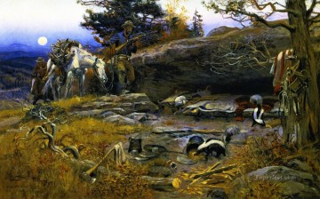 印象派 Painting - 自然が武装化すると人間の武器は役に立たない 1916年 チャールズ・マリオン・ラッセル インディアナ州のカウボーイ
